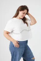 Women's Rhinestone-Trim Cropped T-Shirt in White, 1X