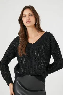 Women's Sequin V-Neck Sweater in Black/Silver Small