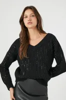 Women's Sequin V-Neck Sweater in Black/Silver Small