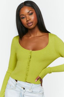 Women's Ribbed Scoop-Neck Cardigan Sweater in Green Apple Small