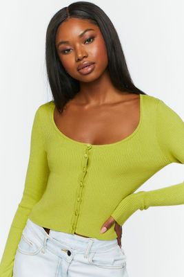 Women's Ribbed Scoop-Neck Cardigan Sweater in Green Apple Medium