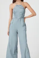 Women's Ruched Halter Wide-Leg Jumpsuit in Teal Large