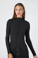 Women's Ribbed Mock Neck Long-Sleeve T-Shirt in Black, XS