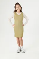 Girls Long-Sleeve Combo Dress (Kids) in Olive, 5/6