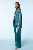 Women's Ribbed Metallic Shirt & Pants Set in Teal Small