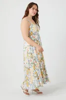 Women's Floral Print Maxi Dress in White, 2X