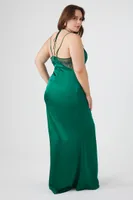 Women's Lace-Trim Satin Maxi Dress in Hunter Green, 1X