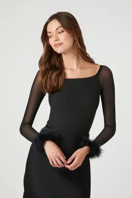Women's Feather-Trim Long-Sleeve Bodysuit in Black, XL