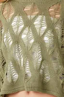 Women's Sheer Cropped Crochet Sweater in Olive Medium