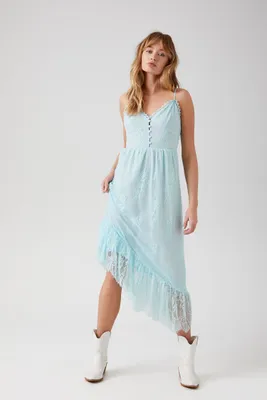 Women's Asymmetrical Lace Midi Dress in Light Blue Large