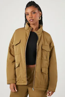 Women's Multi-Pocket Cargo Shacket in Olive Large