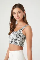 Women's Snake Print Lace-Up Crop Top in White Large