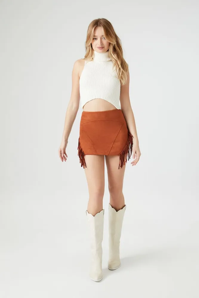 Women's Faux Suede Tassel Mini Skirt in Chestnut Large