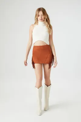 Women's Faux Suede Tassel Mini Skirt in Chestnut, XL