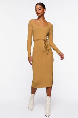 Women's Tie-Waist Slit Midi Dress in Camel Small