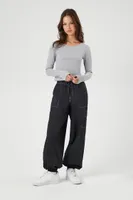 Women's Drawstring Poplin Cargo Joggers in Black Medium