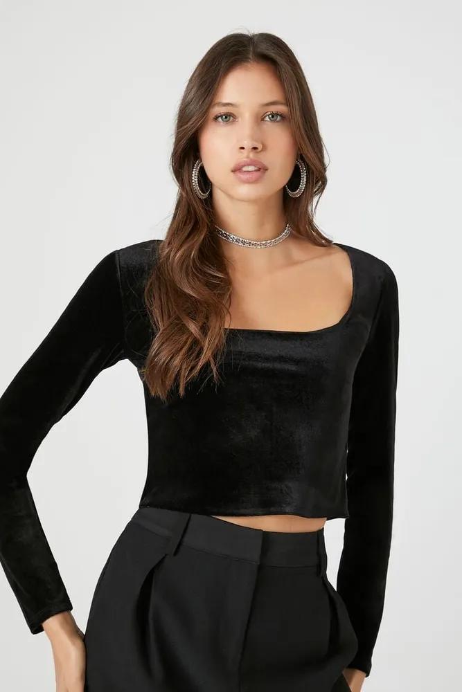 Women's Smooth Velvet Crop Top in Black Small