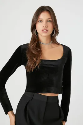 Women's Smooth Velvet Crop Top in Black, XL