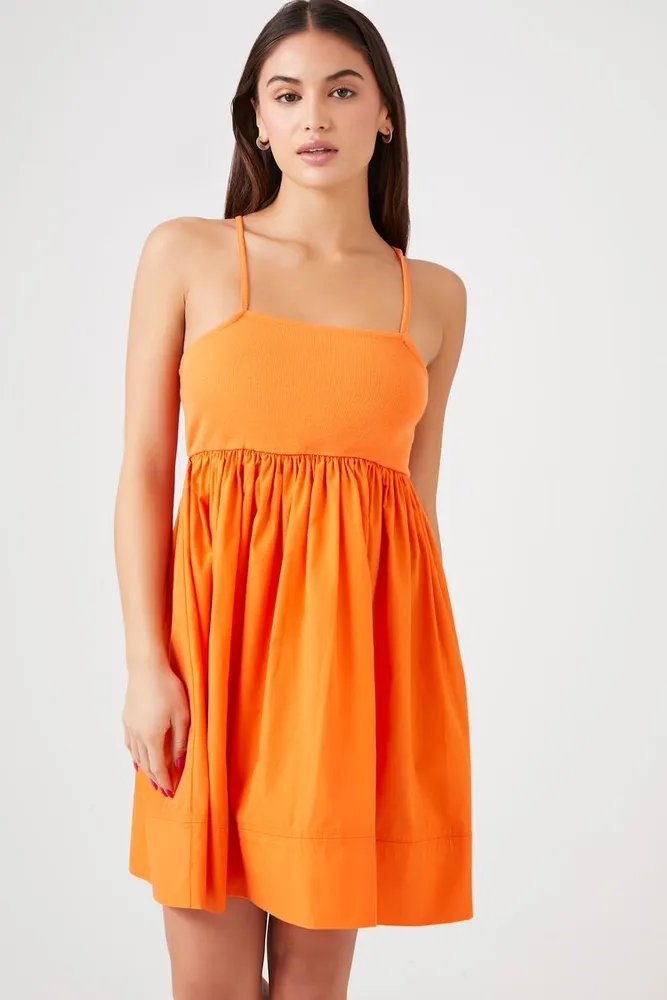 Women's Poplin Babydoll Mini Dress in Orange Large