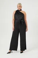 Women's Satin One-Shoulder Jumpsuit in Black, 2X