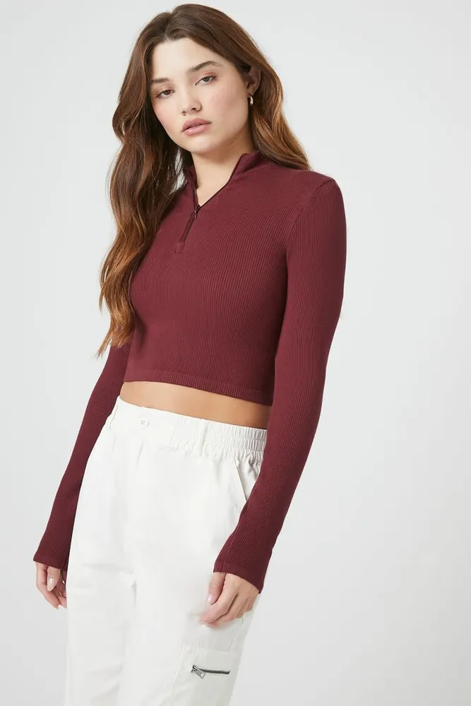 Women's Seamless Half-Zip Crop Top in Wine Medium