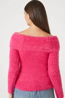 Women's Fuzzy Knit Off-the-Shoulder Sweater in Fuchsia Large