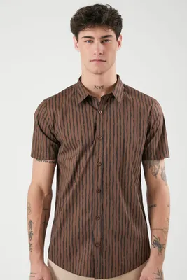 Men Striped Curved-Hem Shirt in Latte/Black, XL