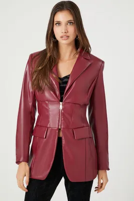 Women's Faux Leather Zip-Up Blazer in Red Small