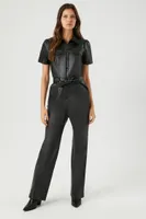 Women's Faux Leather Tie-Waist Jumpsuit in Black, XS