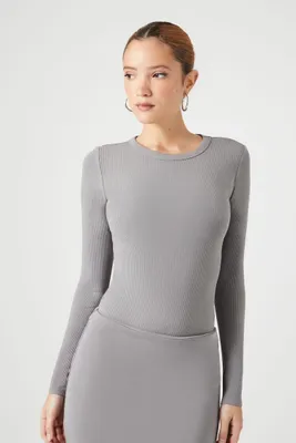 Women's Ribbed Long-Sleeve Bodysuit in Dark Grey, XL