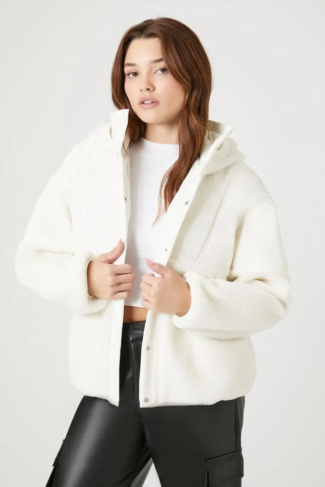 Women's Hooded Faux Shearling Bomber Jacket in Cream Large
