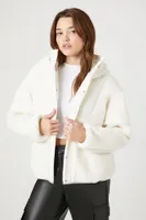 Women's Hooded Faux Shearling Bomber Jacket in Cream Large