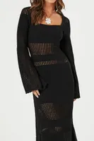 Women's Open-Knit Bell-Sleeve Sweater Dress in Black Small