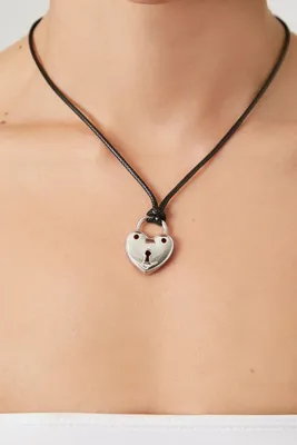 Women's Heart Padlock Pendant Necklace in Silver/Black