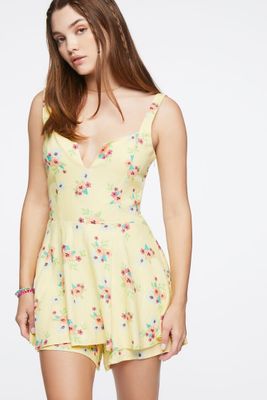 Women's Floral Print Linen-Blend Romper in Yellow Medium