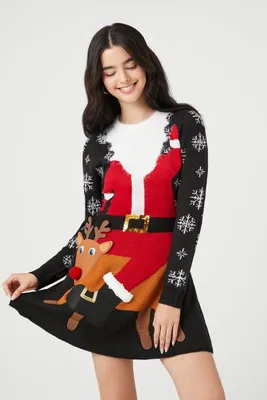 Women's Santa & Reindeer Holiday Mini Dress Black