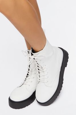 Women's Faux Leather Combat Boots in White, 7