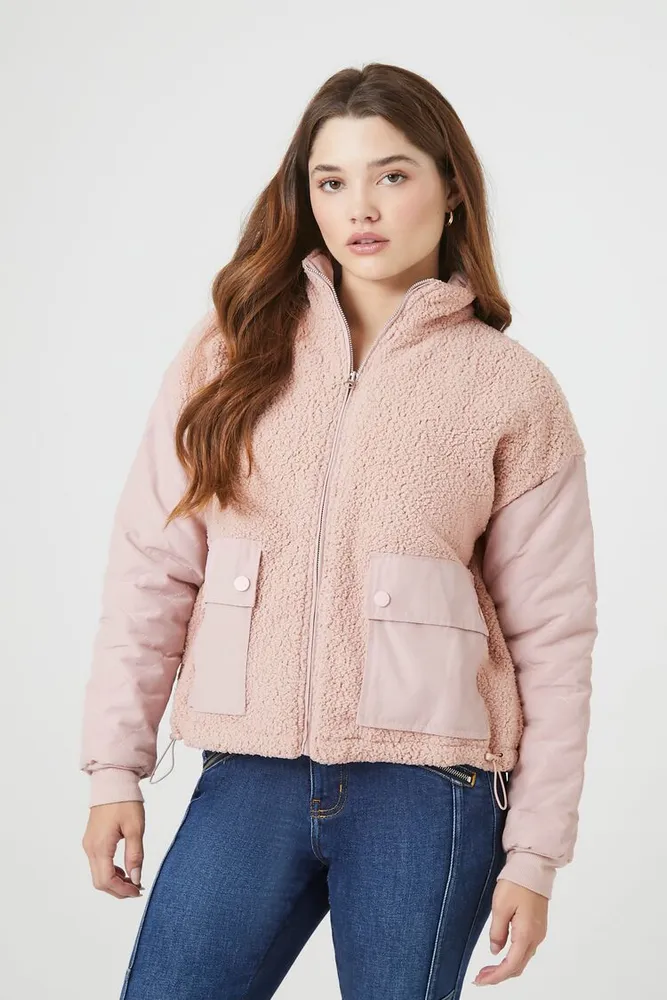 Women's Faux Shearling Bomber Jacket in Taupe Large