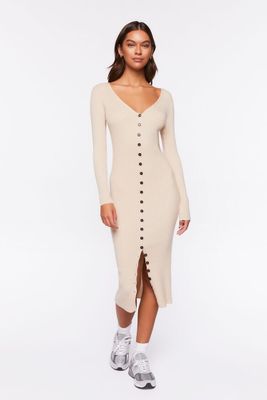 Women's Ribbed Midi Sweater Dress in Beige Medium