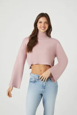 Women's Cropped Turtleneck Sweater in Pink Medium