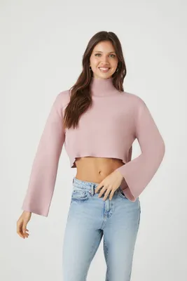 Women's Cropped Turtleneck Sweater in Pink Small