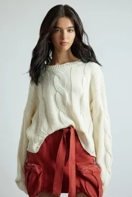 Women's Cropped Cable Knit Sweater in Vanilla Small
