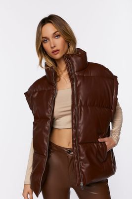 Women's Faux Leather Zip-Up Puffer Vest in Brown Medium