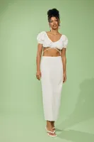 Women's Puff-Sleeve Crop Top & Maxi Skirt Set in Ivory, XL