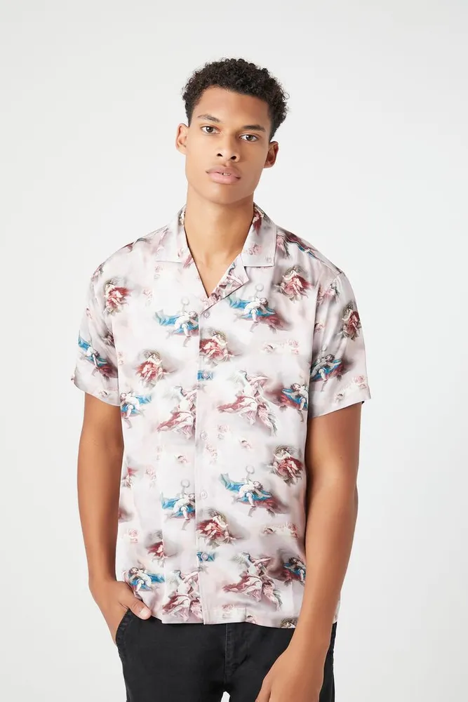 Men Satin Angel Print Shirt