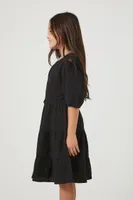 Girls Tiered Puff-Sleeve Dress (Kids) Black,