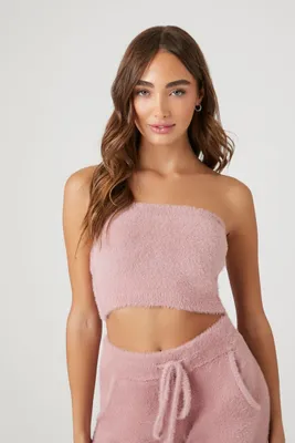 Women's Fuzzy Sweater-Knit Tube Top in Pale Mauve Large