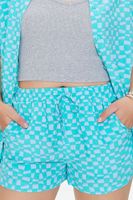 Women's Wavy Checkered Drawstring Shorts in Blue/Sherbert Small