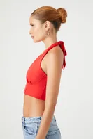 Women's Plunging Halter Crop Top in Fiery Red, XL