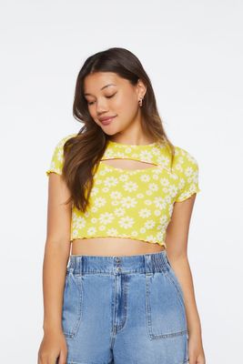Women's Floral Print Cutout Cropped T-Shirt in Yellow/Cream Large
